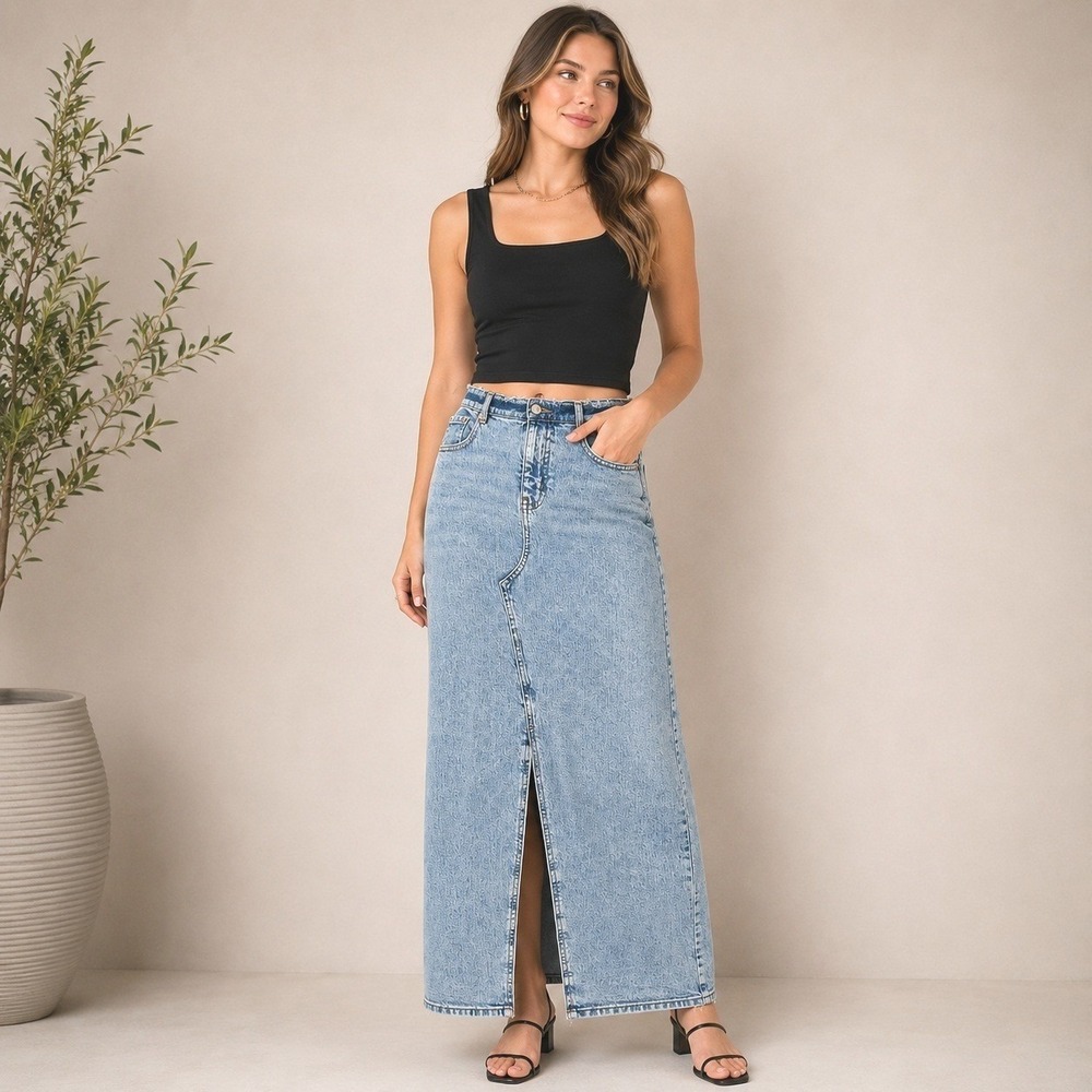 Wild Fable Denim Maxi Skirt Size 4 Blue Wash Front Slit Y2K Western Cowgirl